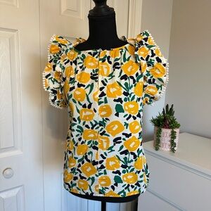 THML Yellow and White Black Green Floral Blouse with Ruffle Sleeves Small